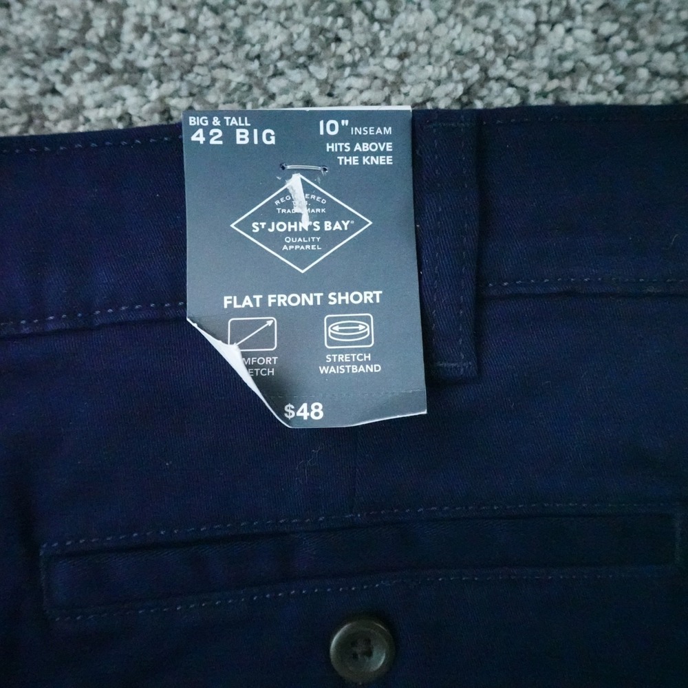 NEW St Johns Bay Shorts Mens 42 Blue Chino‎ Flat Front Comfort Stretch Waistband